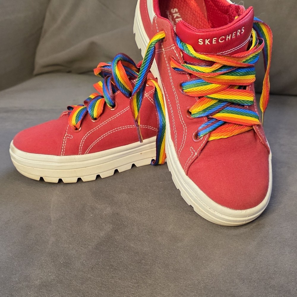 Skechers Women's Red Sneakers with Rainbow Laces
